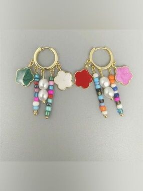 Colorful Floral Charm Hoop Earrings A2089